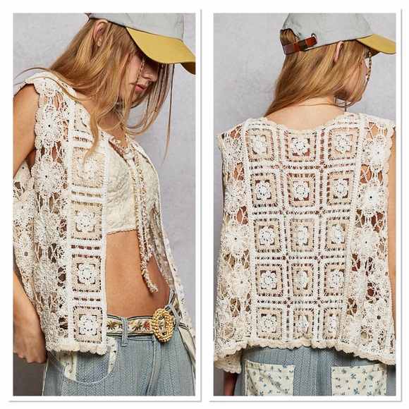 POL Tops - 👄 Hello Gorgeous! POL Tie Front Floral Pattern Crochet Vest with Scalloped Edge